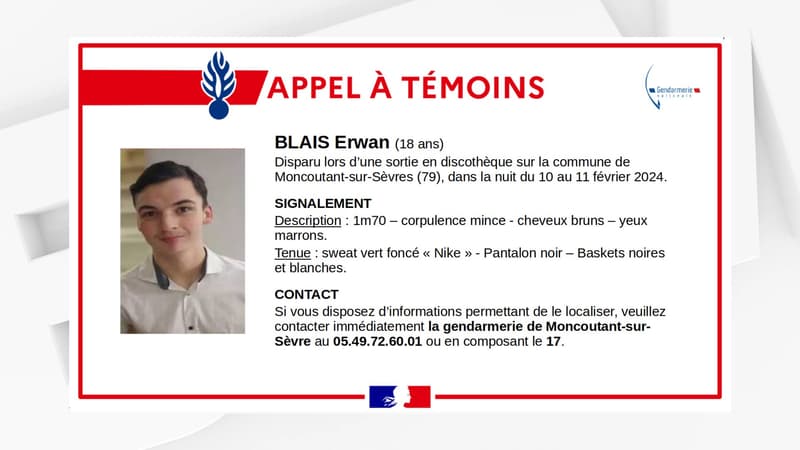 Disparition d'Erwan, 18 ans, dans les Deux-Sèvres: la gendarmerie lance un appel à témoins
